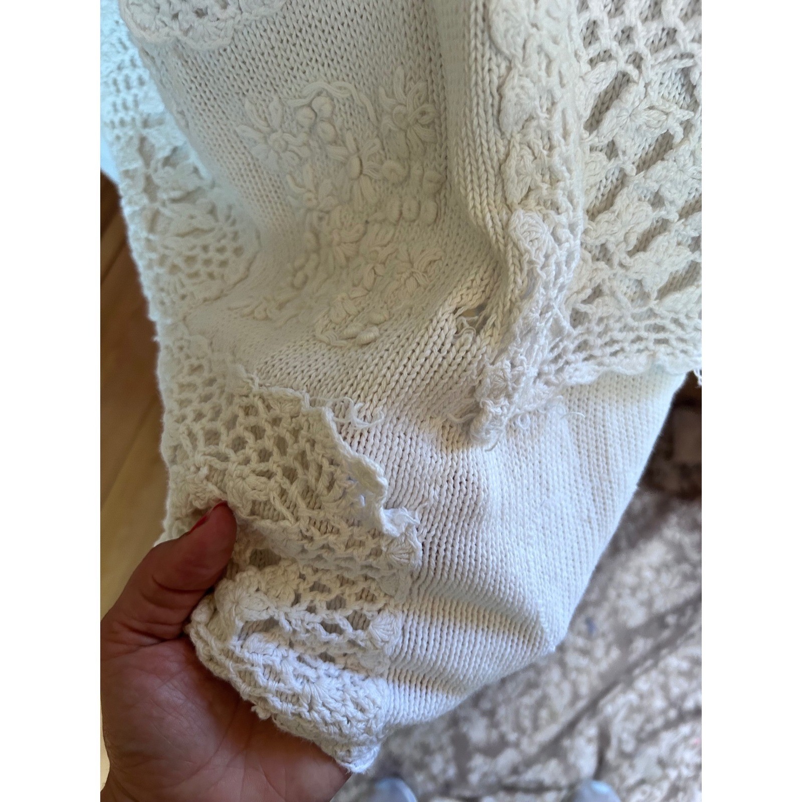 Vintage White Crochet Lace Patchwork Knit Sweater Womens Large Ramie Cotton 90&rsquo;s