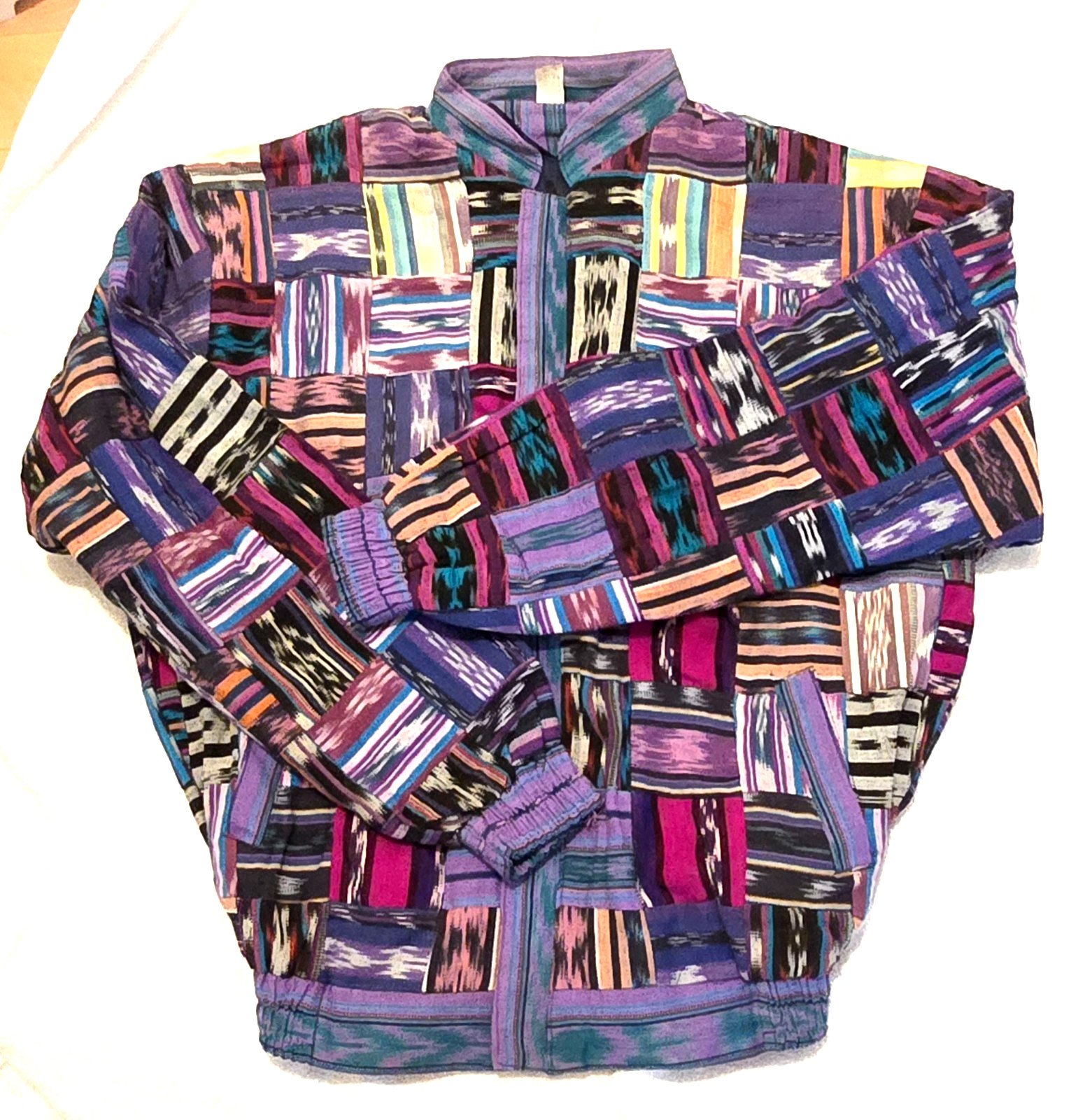 Huipil Strip Guatemala Hippie Patchwork Festival Woven Zip Bomber Jacket VTG 90s