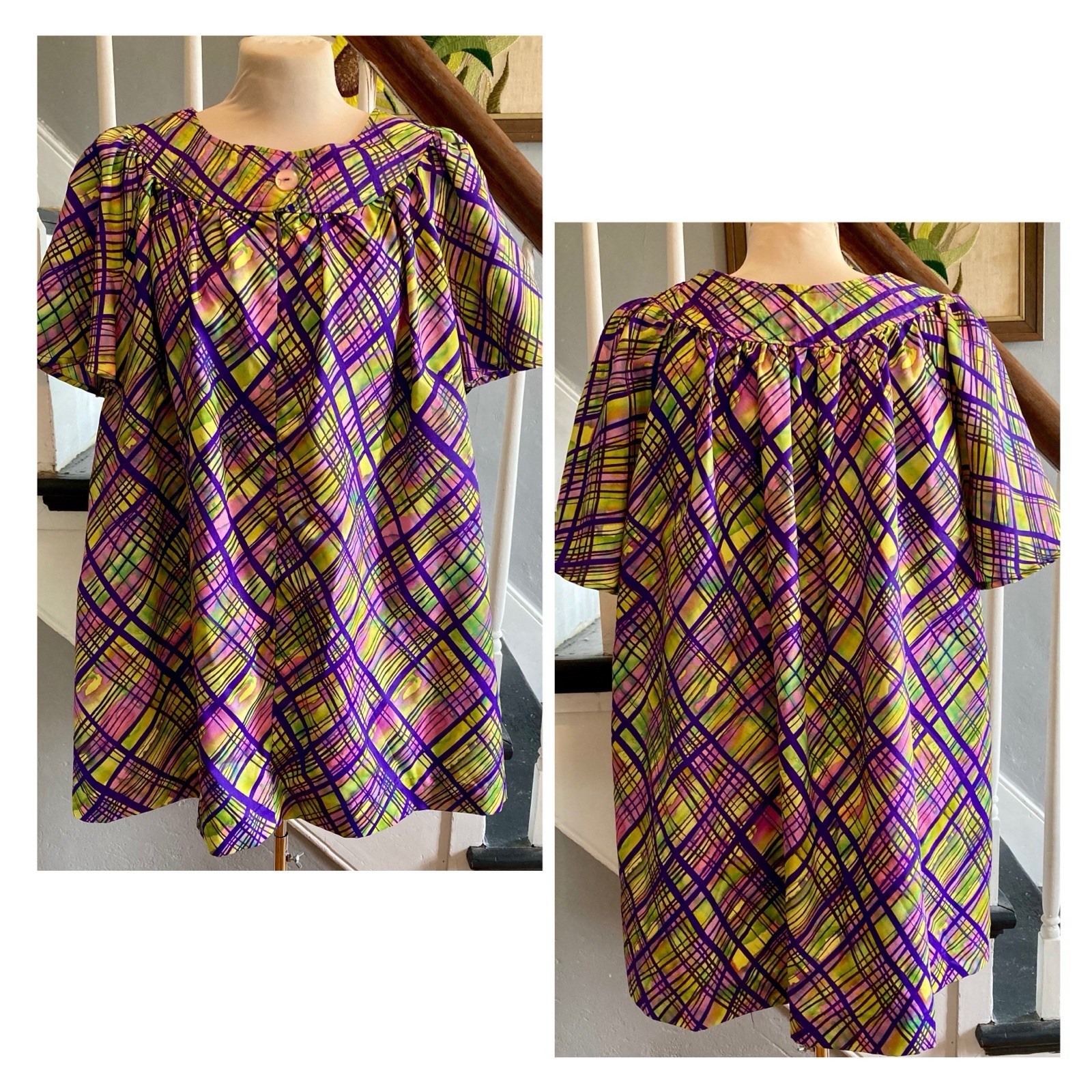 1970s Psychedelic Watercolor Plaid Dayglo Mod Mini Dress Tunic Smock Trapeze