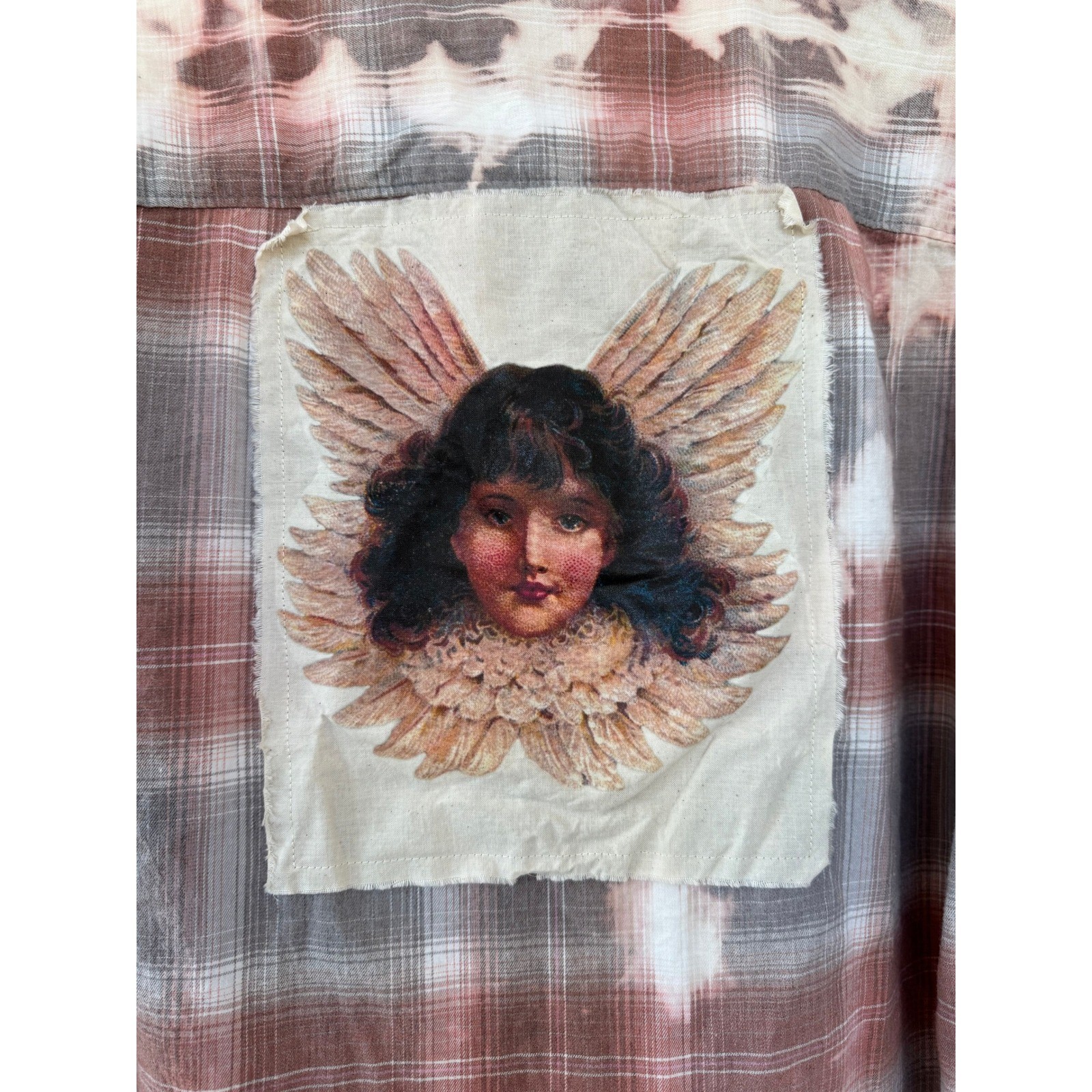 Upcycled Angel Patch Flannel Shirt Boho Folk Art Bleached Large