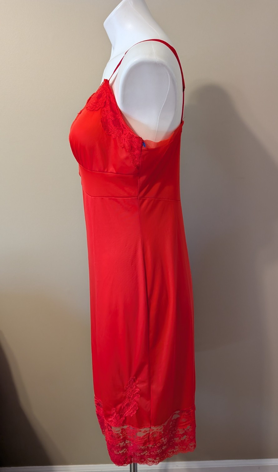 Vtg Nancy King RED Nylon/Lace Full Slip/Dress Privacy Panel Adj Straps Size 36