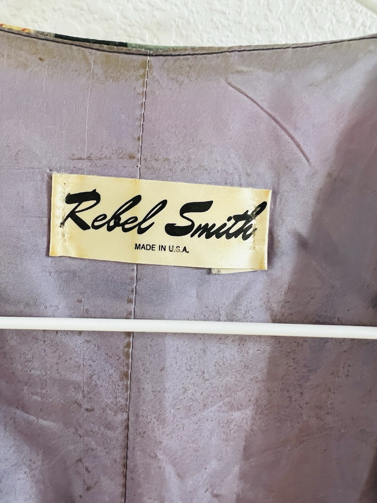 VTG Rebel Smith USA Silk* Open Jacket Floral Art Top Gemstone Accents M/L* OOAK