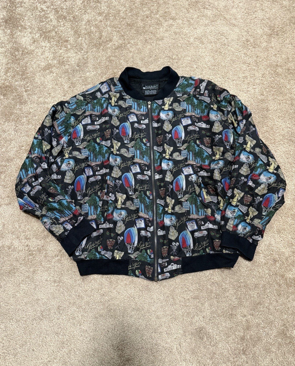 Vtg Nicole Miller 100% Silk LA Hollywood Beverly Hill Graphic Bomber Jacket Sz L