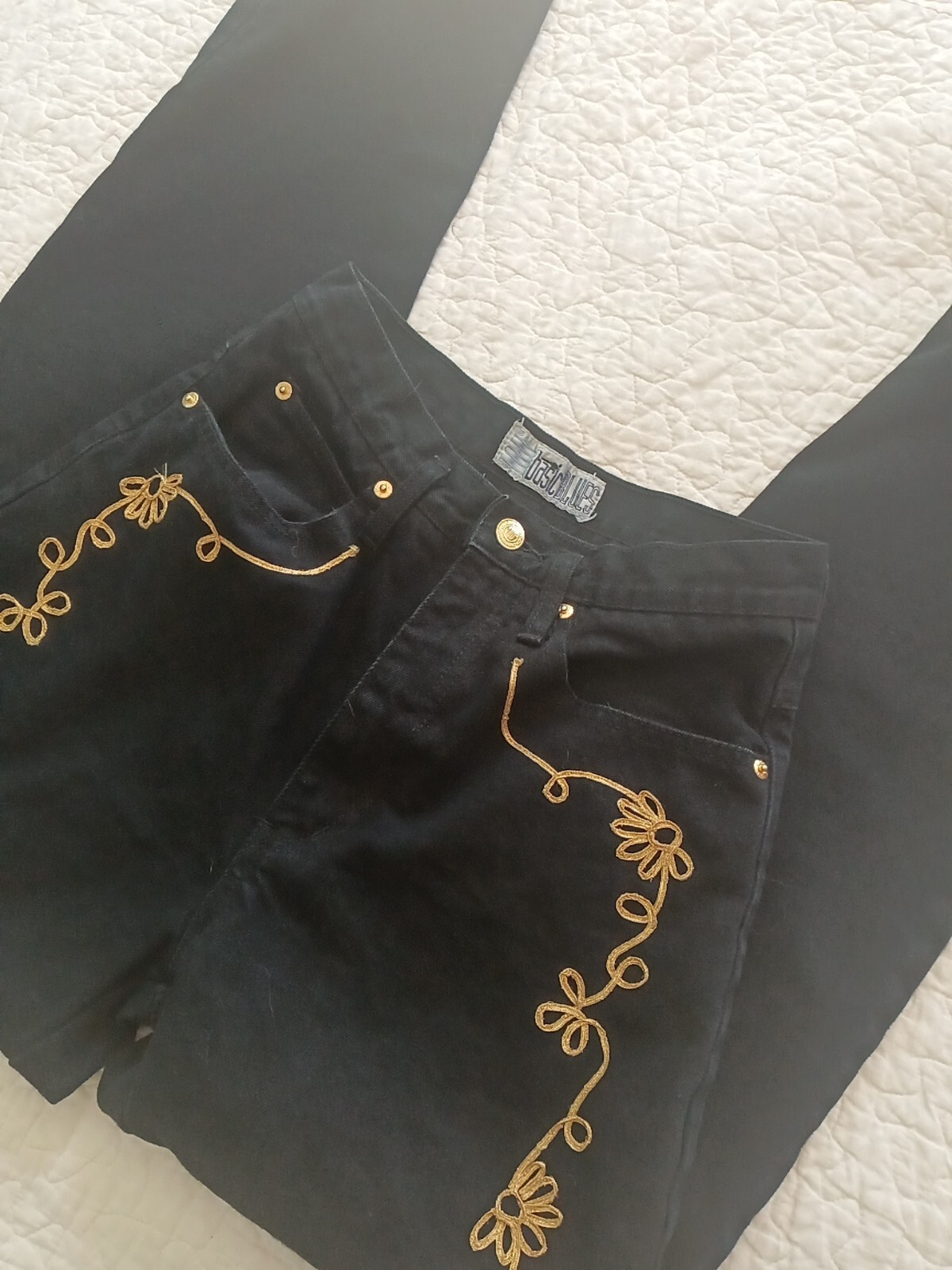 Sz 7 Vintage IOU Basic Blues Womens Black Denim High Waist Mom Jeans Gold Trim