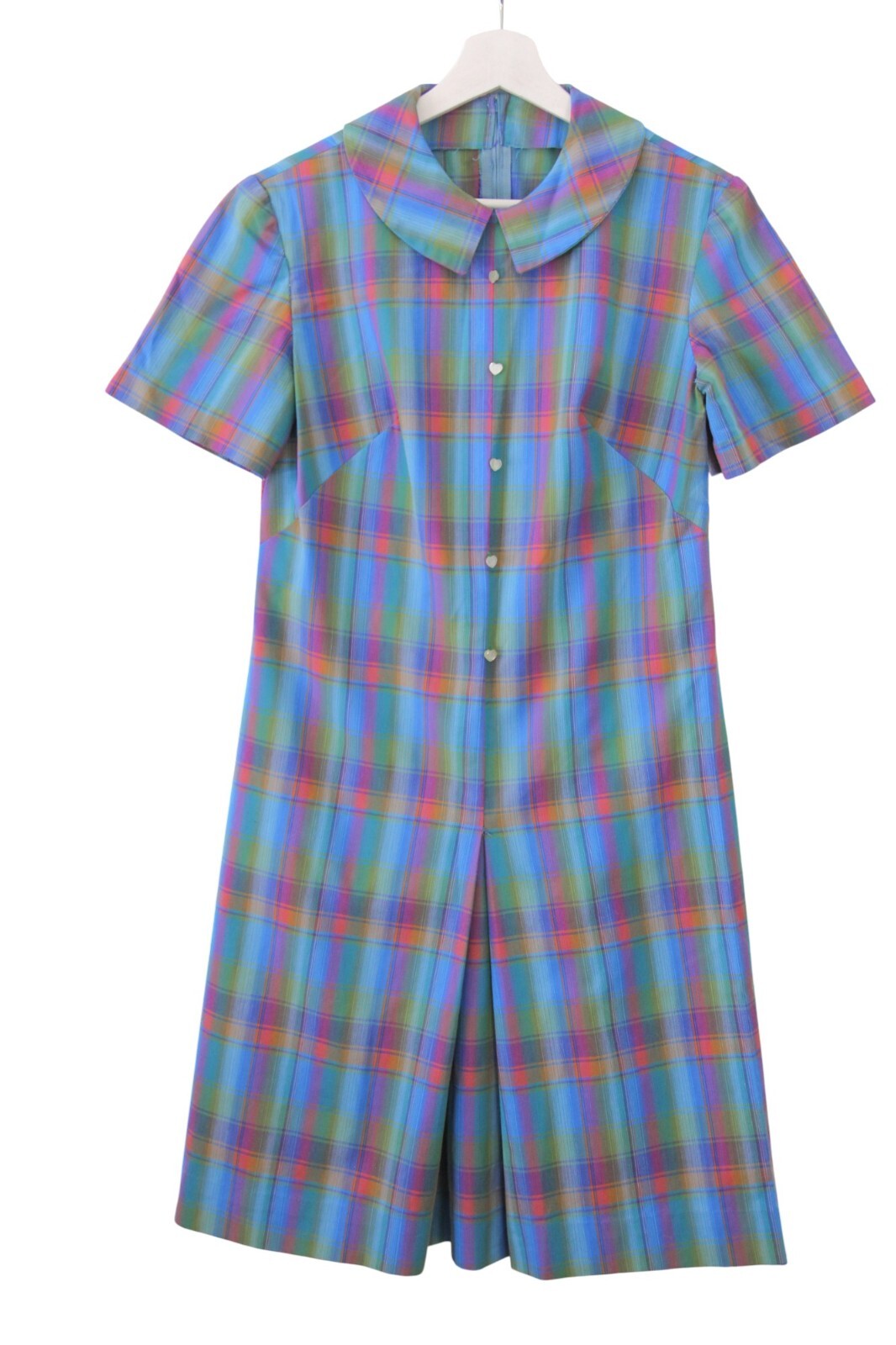 Vintage 60&rsquo;s Plaid Peter Pan Collar Heart Buttons Pleat Shift Dress Small