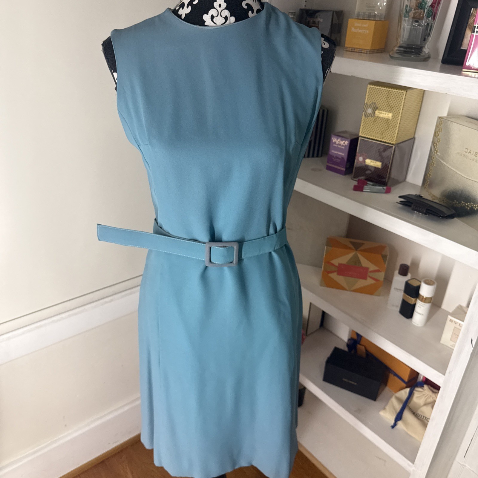 1960’s Vintage Blue Solid Dress Belted Pockets 35x30x37 Nice Condition Stretch