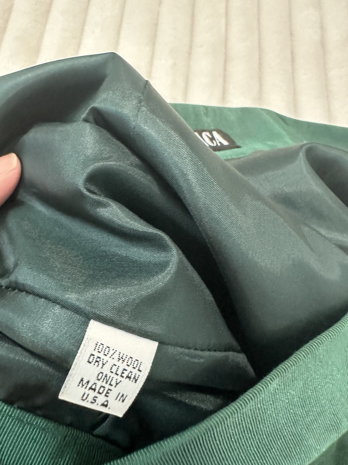 VTG Fiandaca Small 2 Piece Skirt Set Emerald Green 100% Wool Made In USA Rare