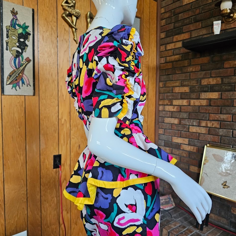 Vintage 80s Abstract Floral Postmodern Dynasty Cocktail Party Wiggle Dress S/M