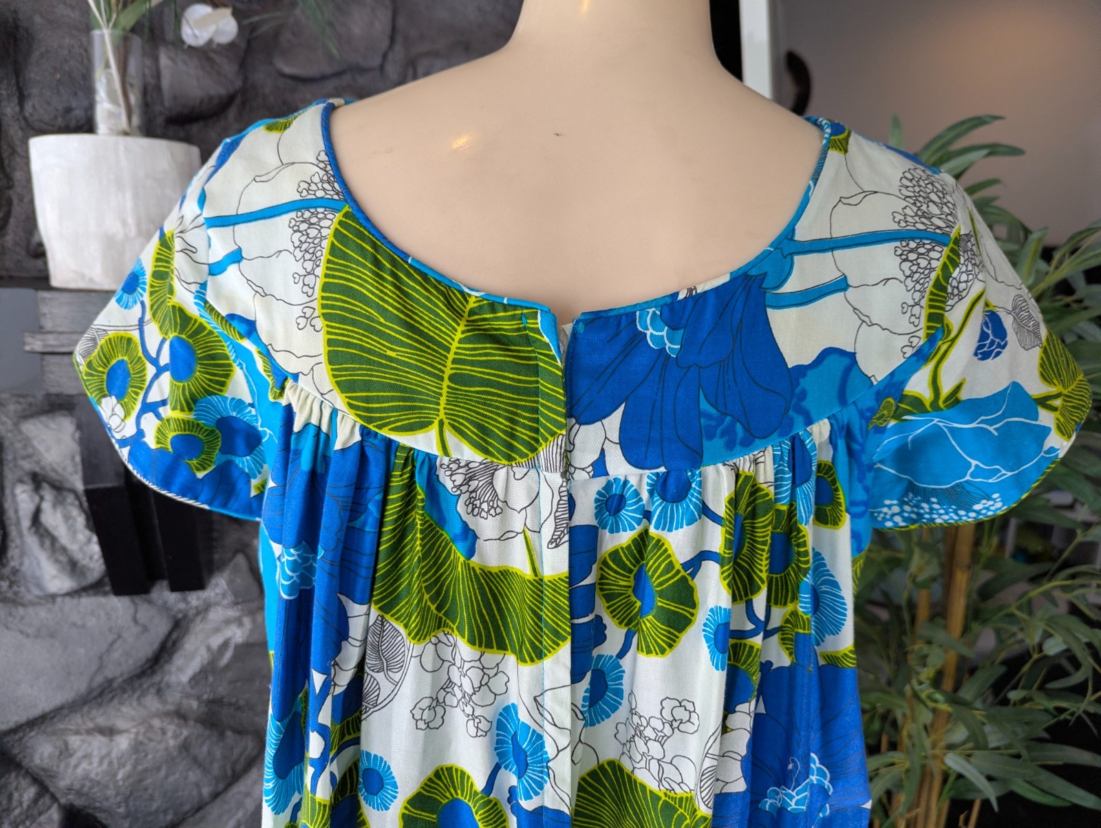 Vintage Lauhala 1970s Hawaiian MuuMuu Aloha Dress Ankle Maxi Sz 10 Blue Train