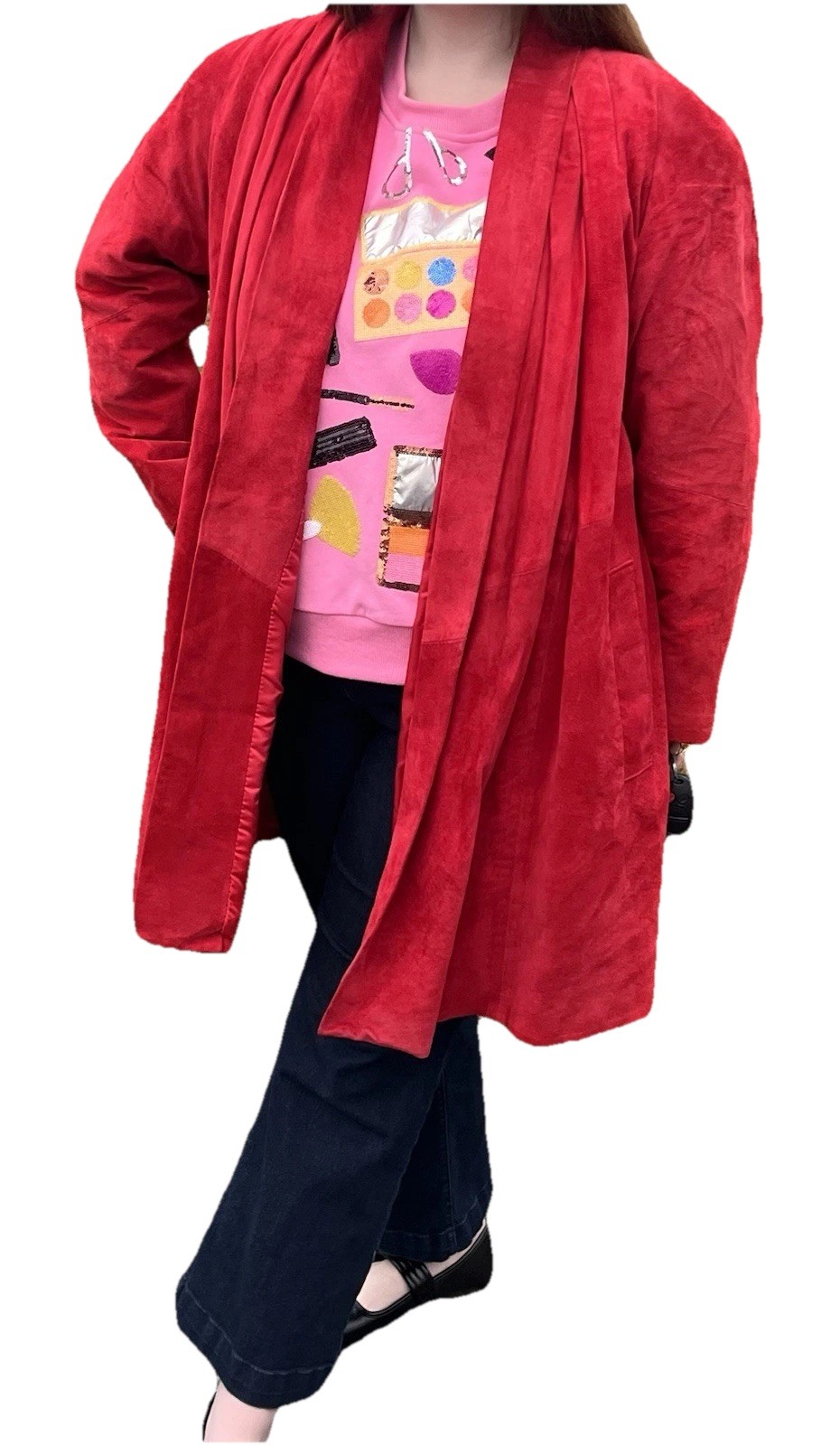 Vtg 80s 90s LaNouvelle Renaissance Women’s M Red Suede Leather Swing Coat Gen X