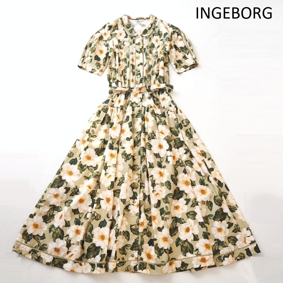 VINTAGE INGEBORG Pink House Floral Long Dress Belted Front Button J-Fashion RARE