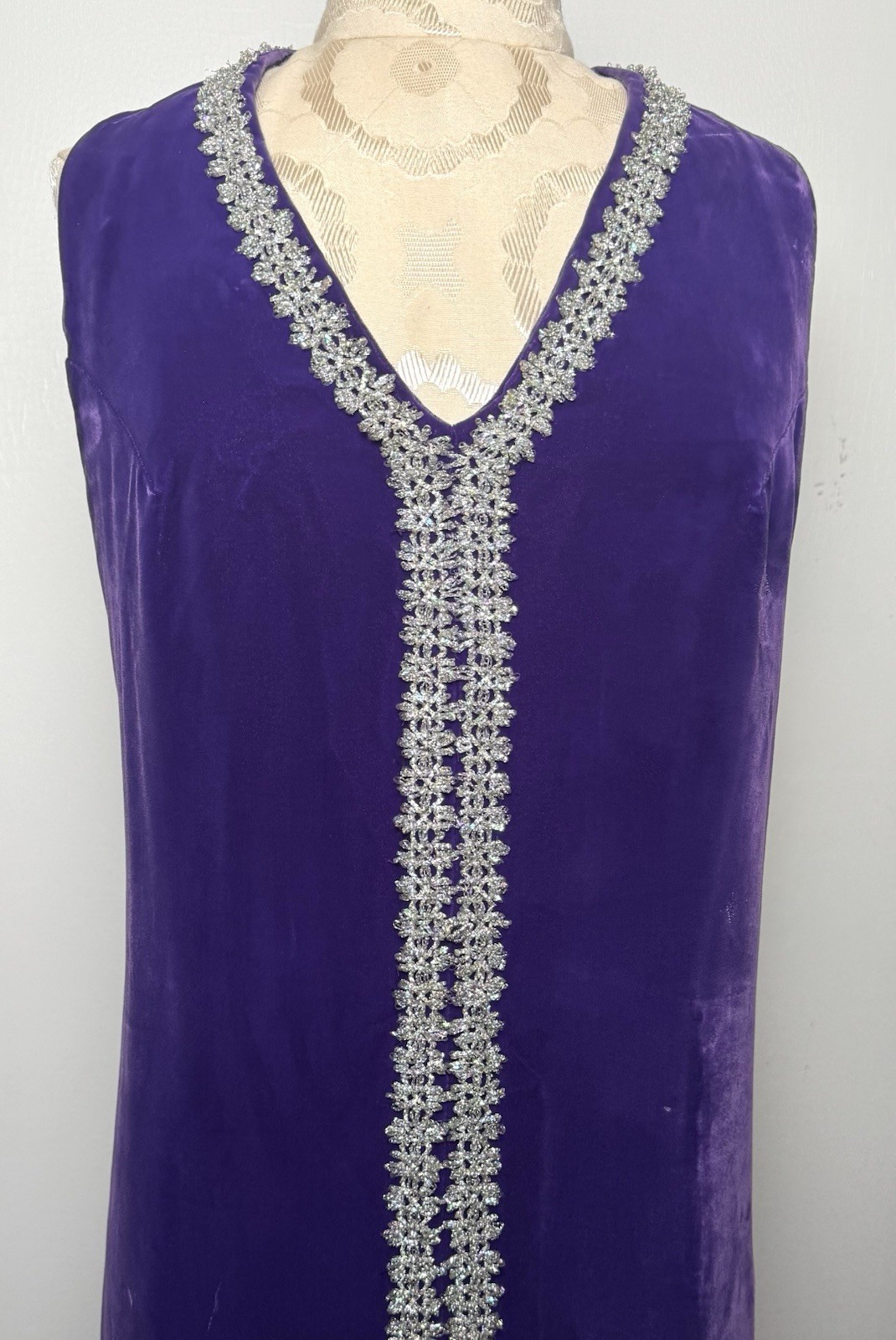 Vintage Purple Velvet Hostess Gown Silver Trim Maxi Caftan Stage Dress