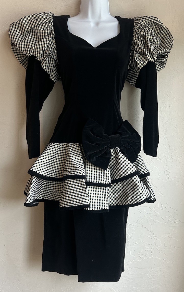 Vintage 80s Deborah Laws Black Velvet Puff Sleeve Party Dress 4 Gingham Glam