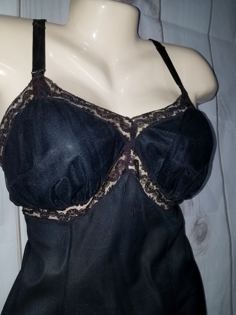 VTG 40 Perlcrest 36 Black Full Slip Double Layer Lined Lace Rockabilly Nylon 821