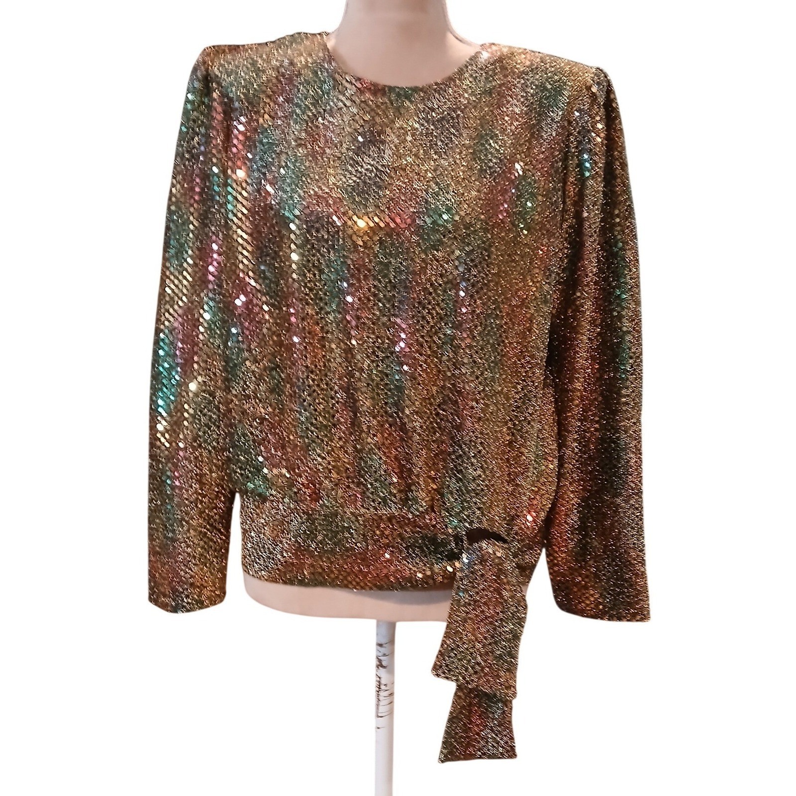 Vtg Another Thyme Medium Metallic Sequin Blouse Gold Multicolor Side Tie – READ