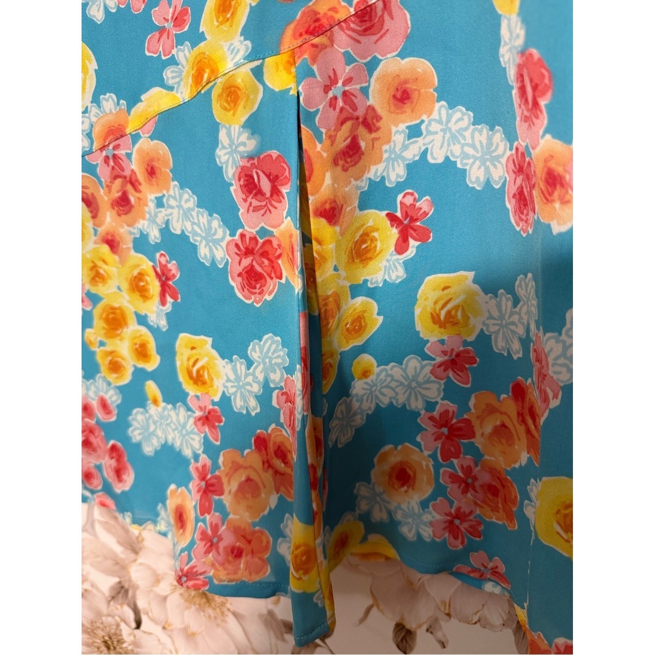 Harold&rsquo;s 100% Silk Teal A-Line Skirt with Yellow & Pink Floral Print