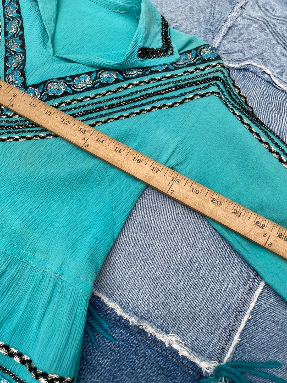 Vintage 1950s Western Patio Fiesta Dress Ric Rac Crinkle Cotton Ranchwear 34/36W