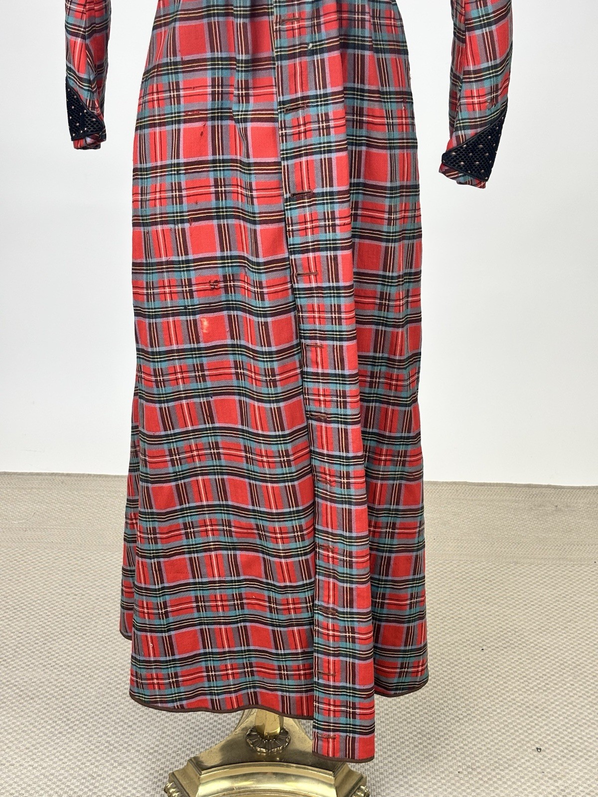 Antique Victorian Walking Coat Plaid Red Green Black Yellow Burnout Velvet AS IS