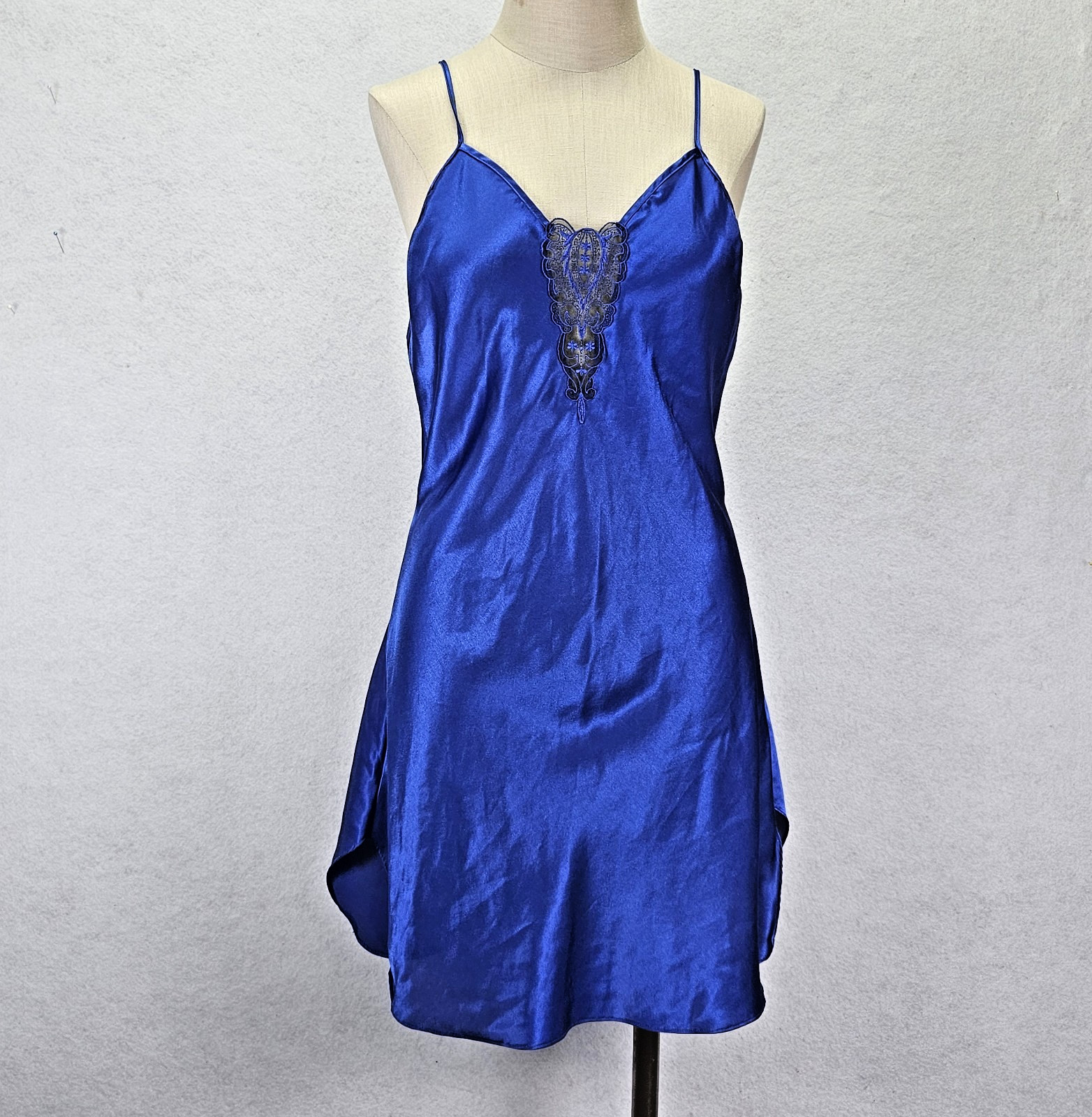 Vtg Val Mode Slip Dress Nightgown Sz L Blue Satin Lace Trim Chemise Lingerie 80s