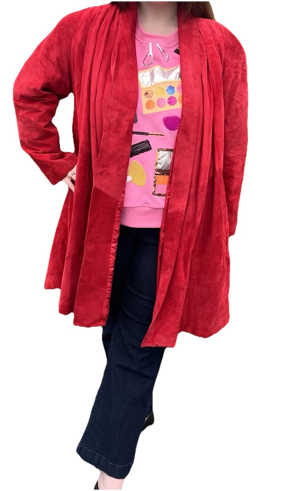 Vtg 80s 90s LaNouvelle Renaissance Women’s M Red Suede Leather Swing Coat Gen X