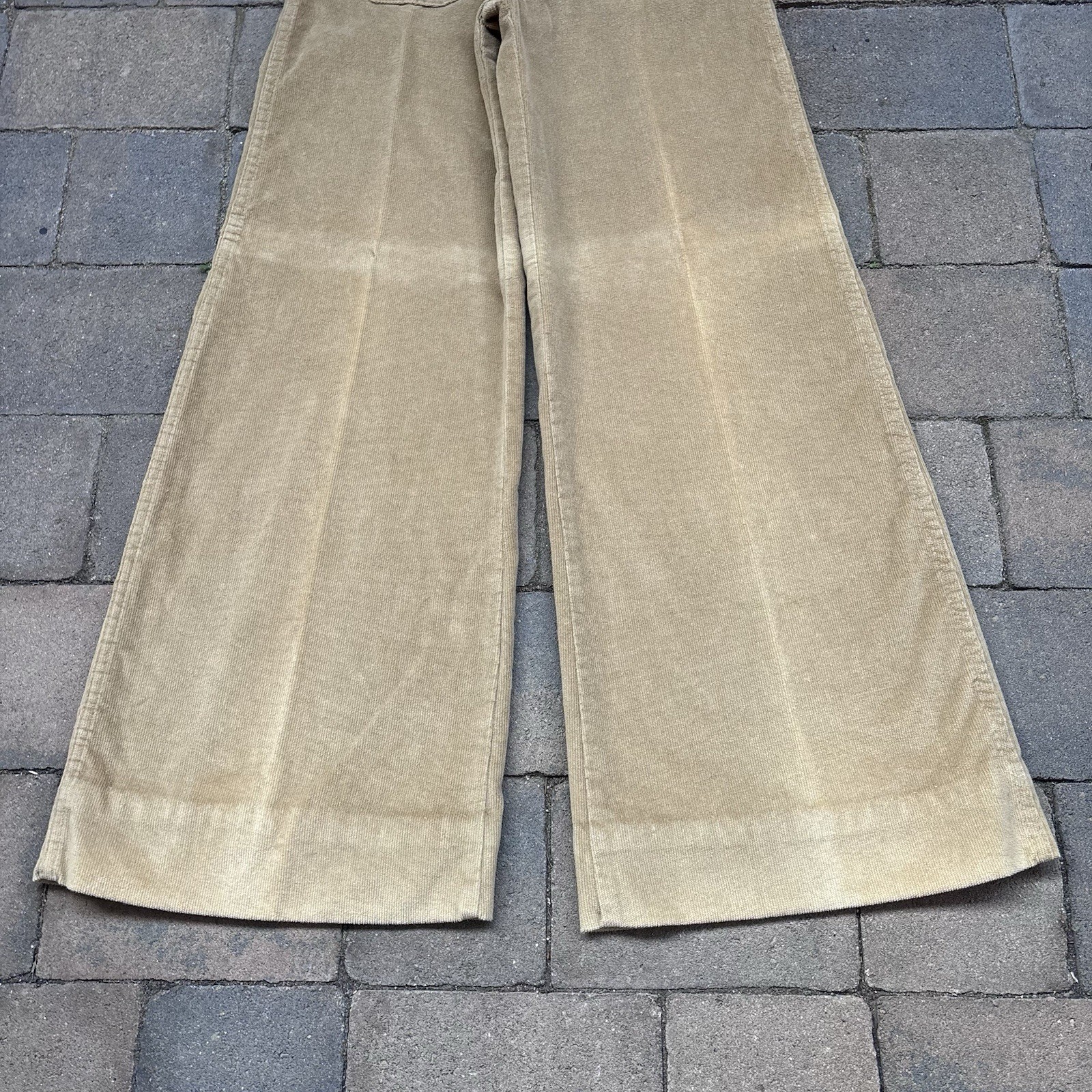 VTG Plush Bottoms Bell Bottom Snap Fly Pants Boho Hippy 27×31 Khaki Twill 70s