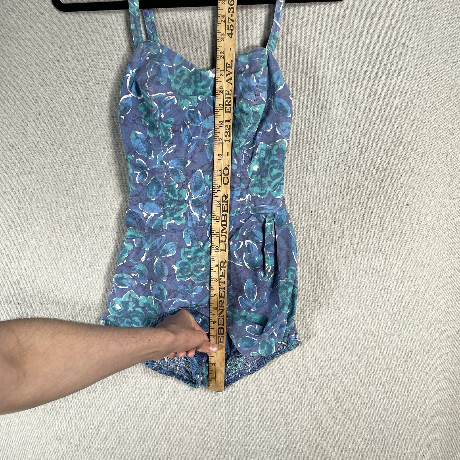 VINTAGE 50s Cotton One Piece Bathing Swimsuit Womens XS Blue Floral Pinup