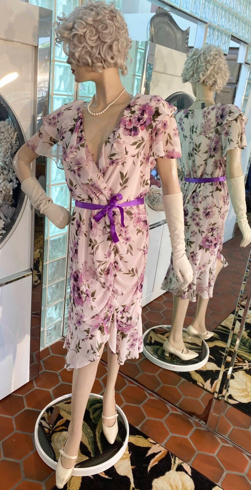 VTG Multicolor Floral Flapper Gatsby ribbon belt Dress 14P R & M Richard
