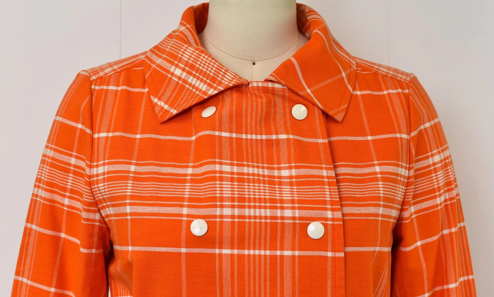1970s Courreges Hyperbole Orange White Plaid Cotton Coat Jacket Dress
