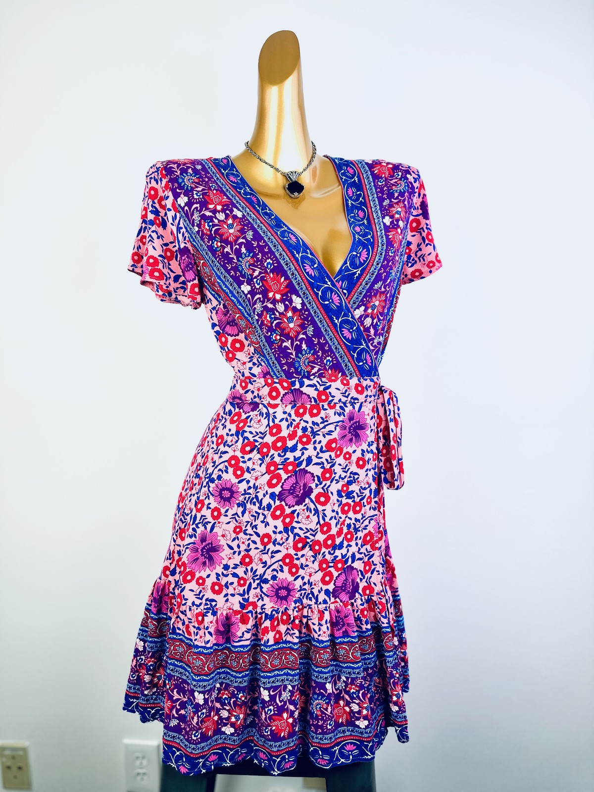 Vintage VTG 90s boho wrap dress floral print prairie mini sundress