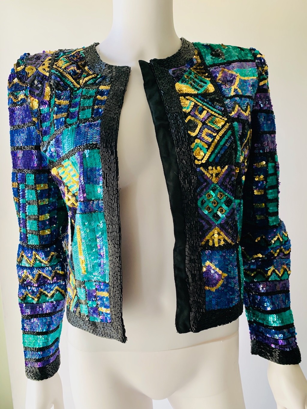 Vintage Jacket Lawrence Kazar Blue Green Silk Sequin Beaded Festival Party SMALL