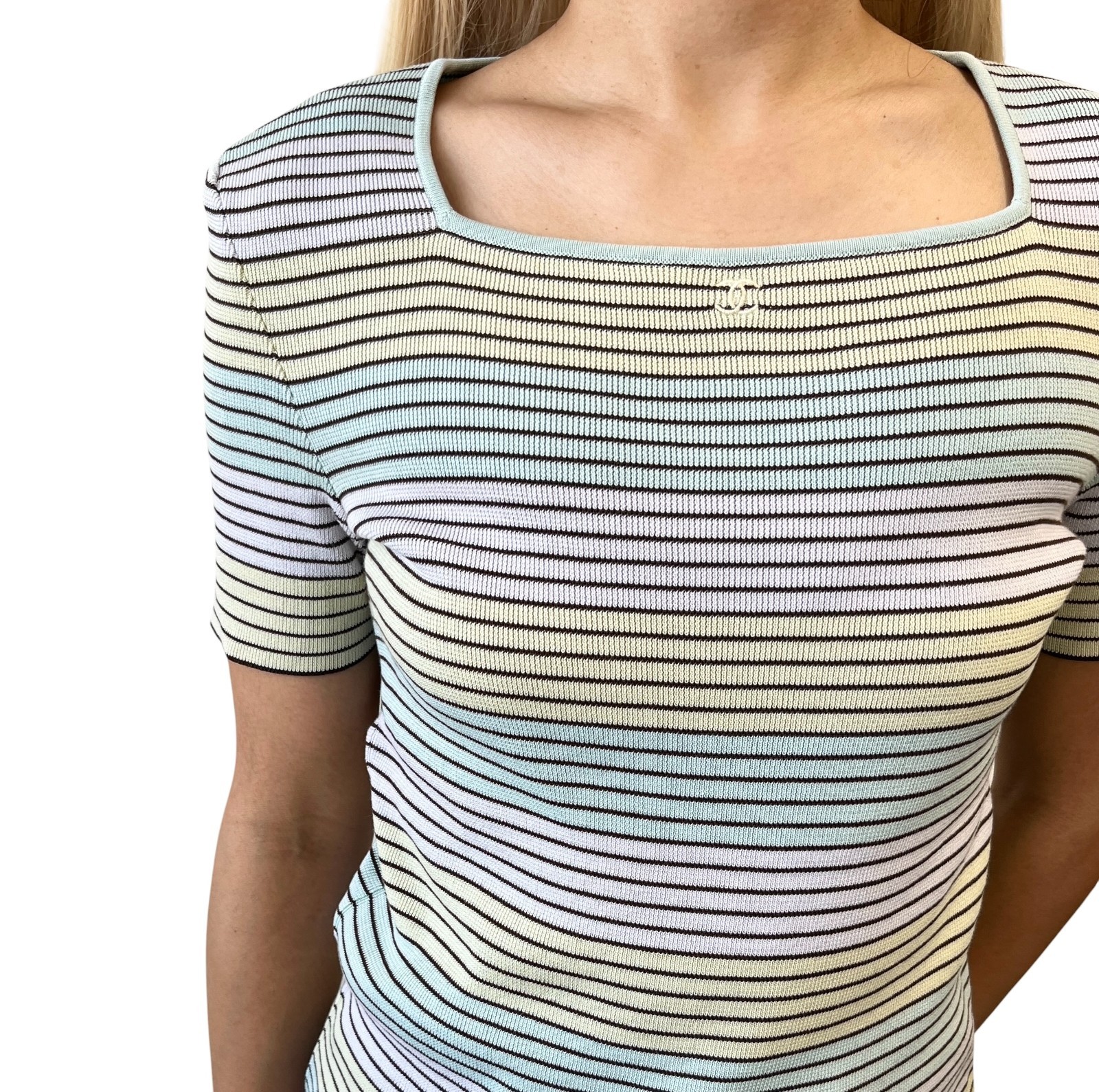CHANEL Vintage 98P CC Logo Stripe Knit Shirt Top #40 Multicolor Cotton 902213