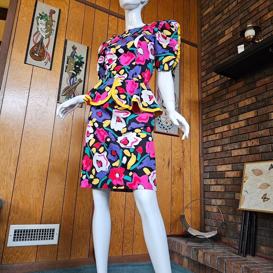 Vintage 80s Abstract Floral Postmodern Dynasty Cocktail Party Wiggle Dress S/M