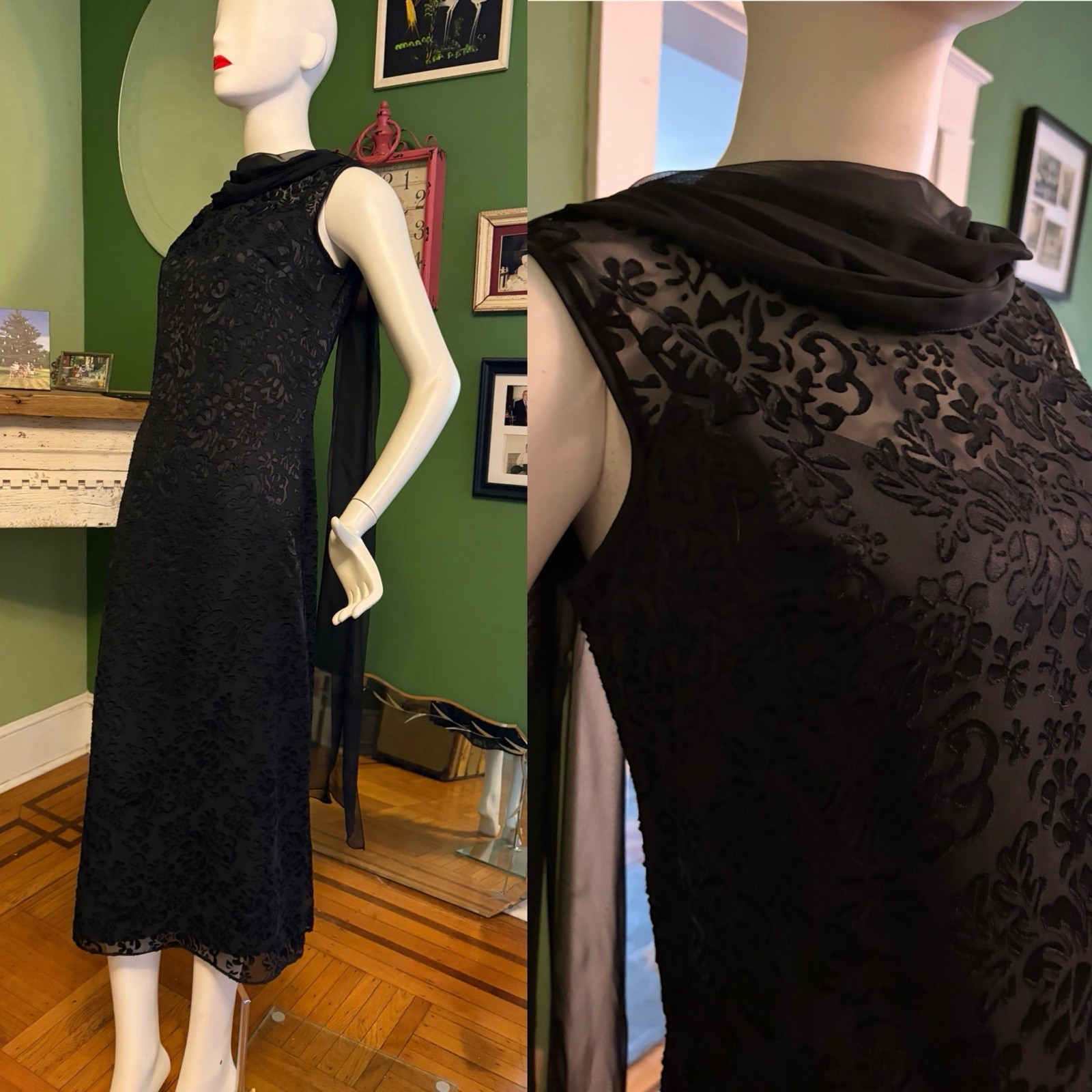 Vtg 90s McClintock Blk Sheath Netting Whimsygoth Chiffon Cape Dress 38 M Hepburn