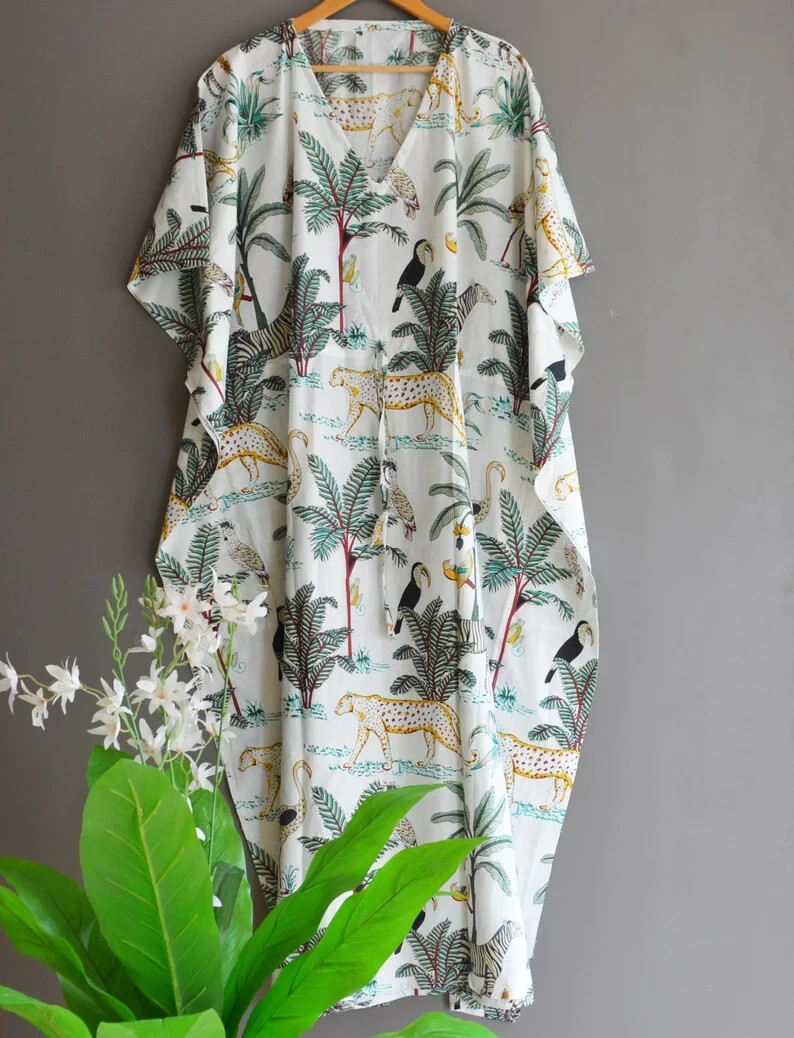 Indian Handmade Tiger Print Cotton Kaftan, Floral Long Free Size Caftan Beach