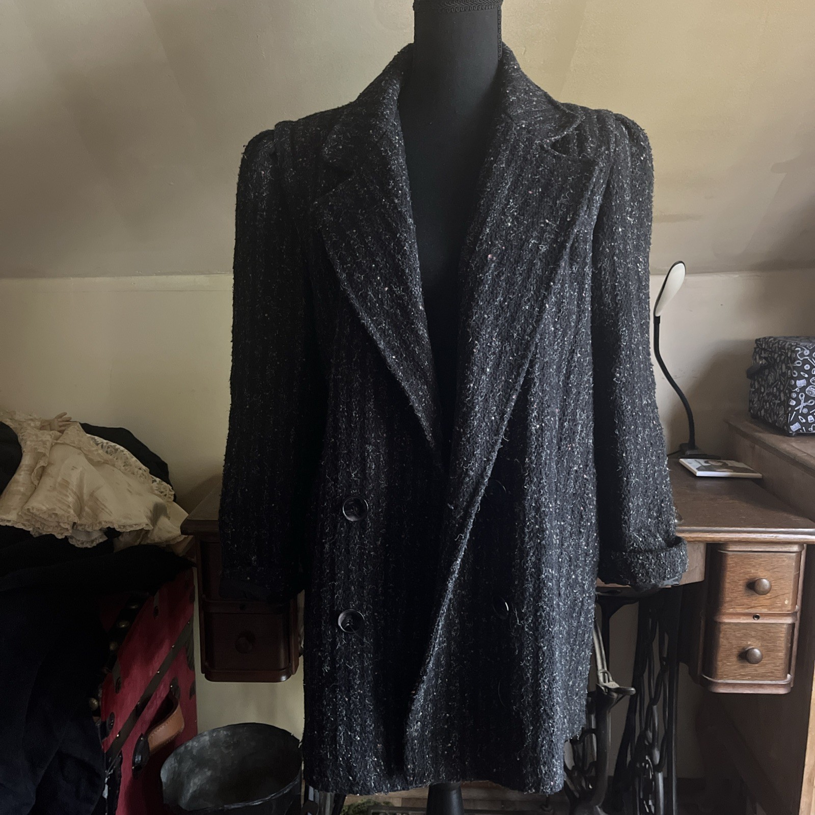 New York Girl Vintage 80’s Double Breasted Tweed Overcoat Union Made In USA Sz 8