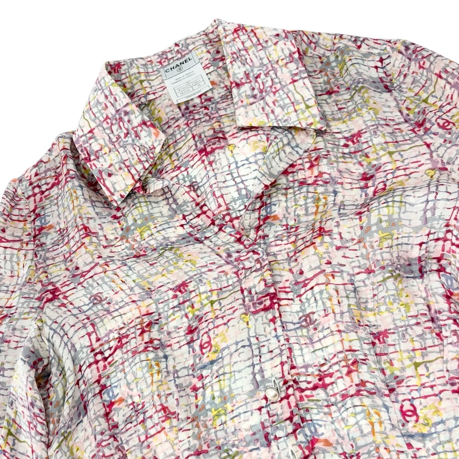 CHANEL Vintage 05C CC Tweed Print Shirt Blouse Top #34 Multicolor Silk 901994