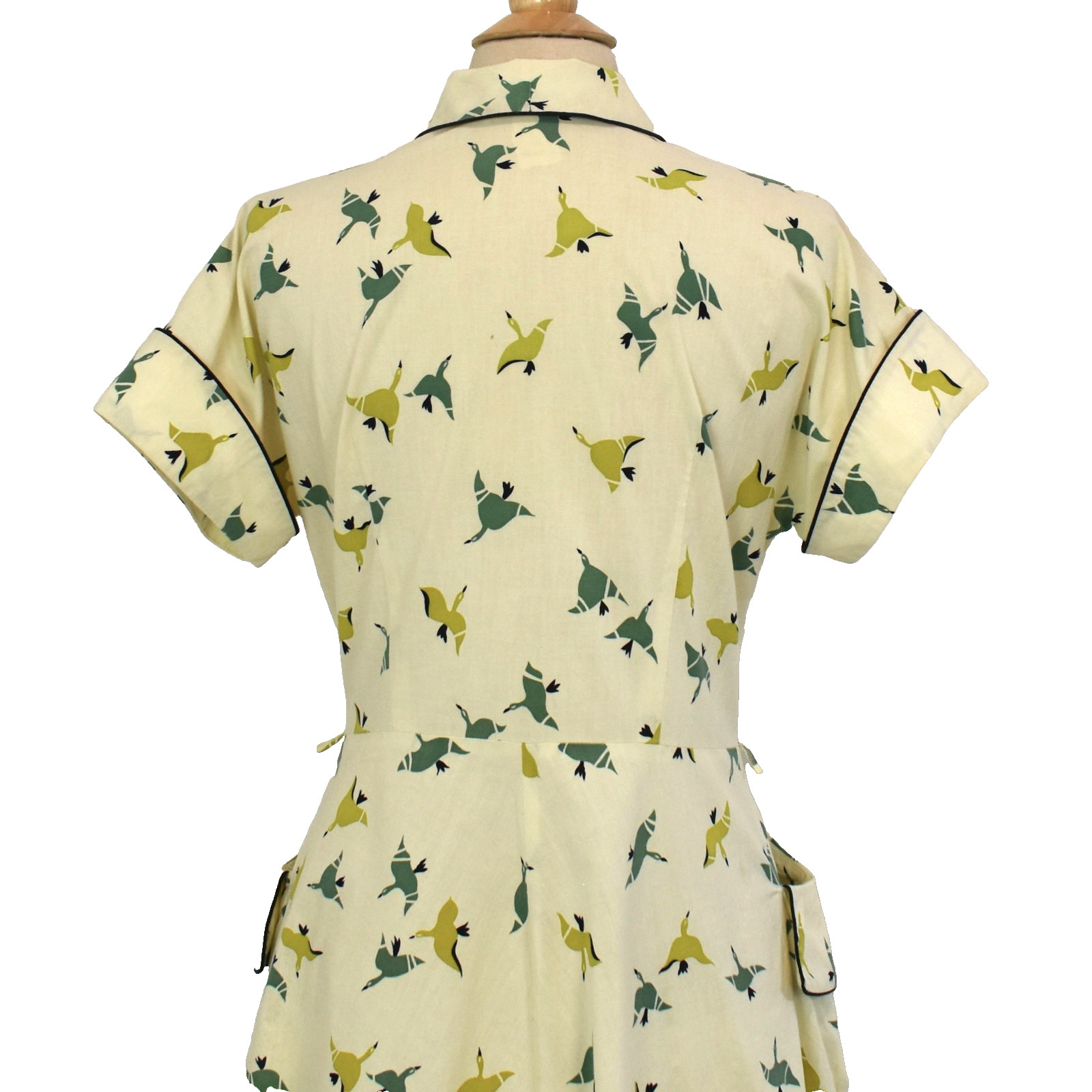 Vtg 40- 50s Day Dress/House Dress Butter Yellow Novelty Bird Print Geese L