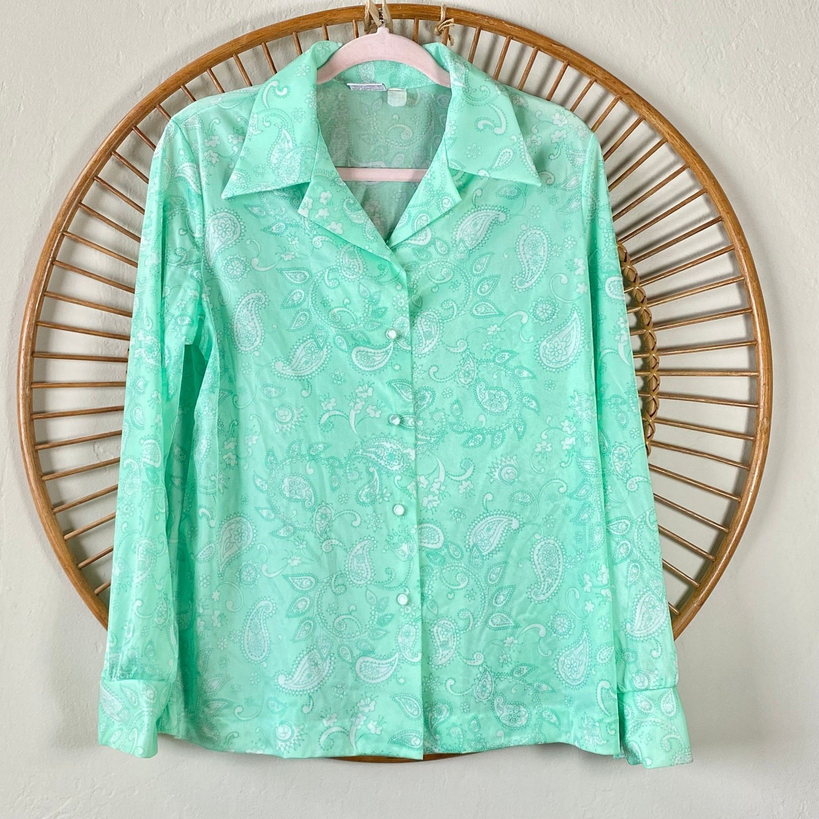 Vintage 70s Mint Green Paisley M Graff Californiawear Button Up Shirt