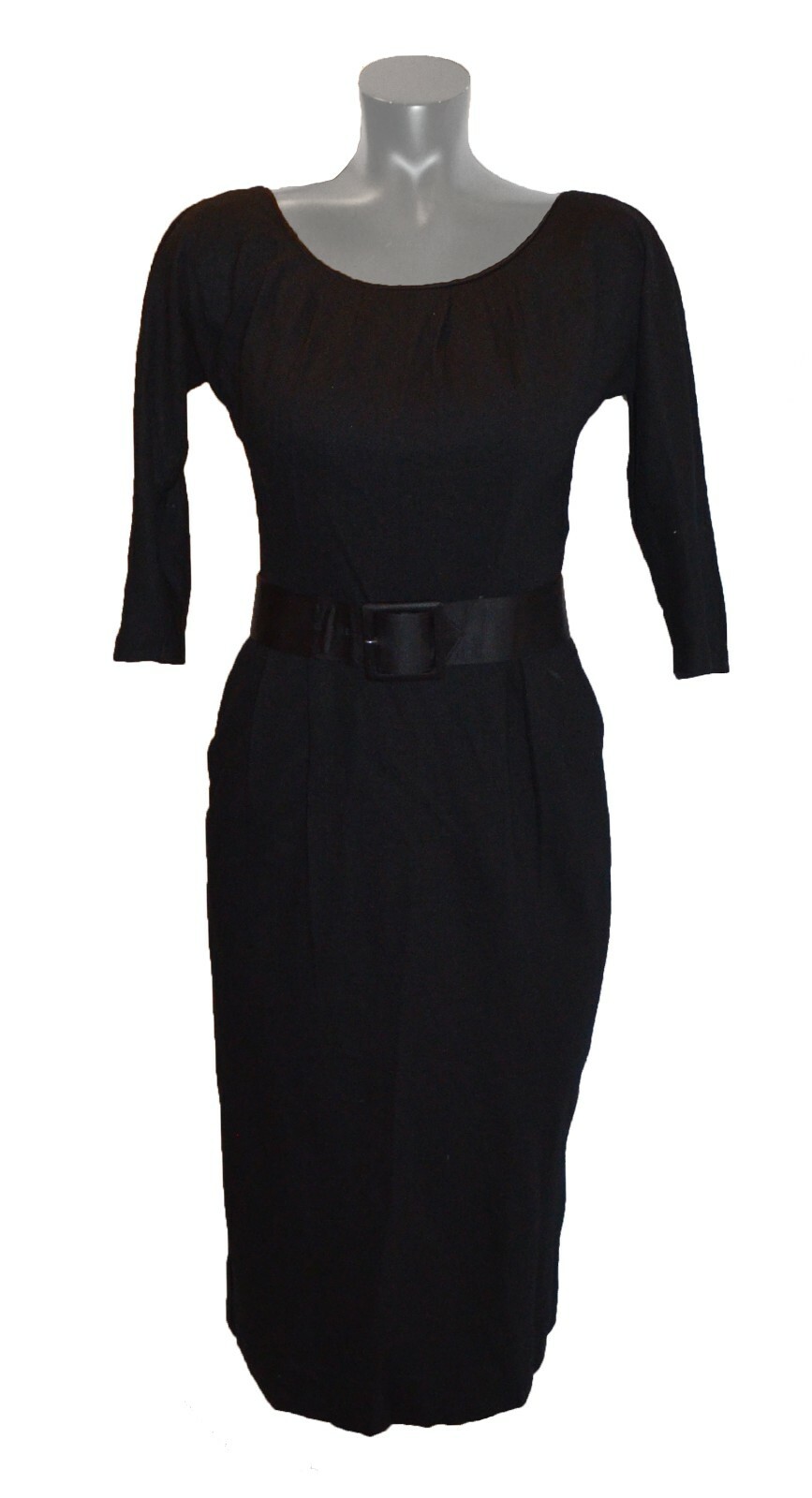 Mindy Ross Vintage 1950s Black Pin tucked Boat Neck Pencil Belted Dress sz 11