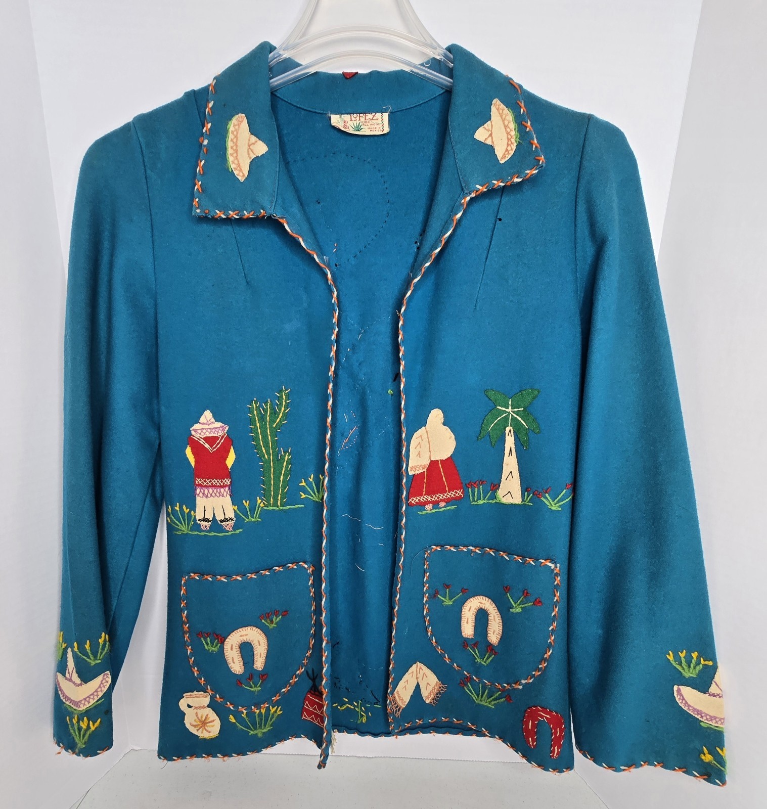 Vintage Mid-Century Lopez Mexican Wool Embroidered Souvenir Jacket – Teal As-Is
