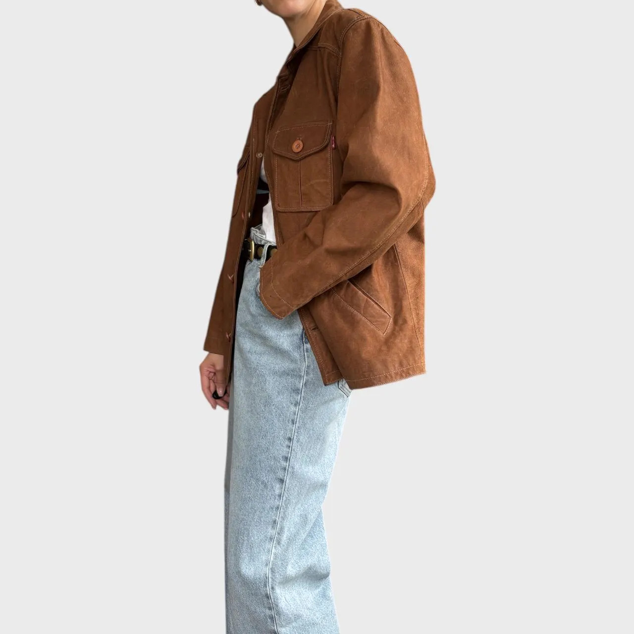 Vintage Brown Leather Jacket Oversized Unisex Button Up size US L/XL