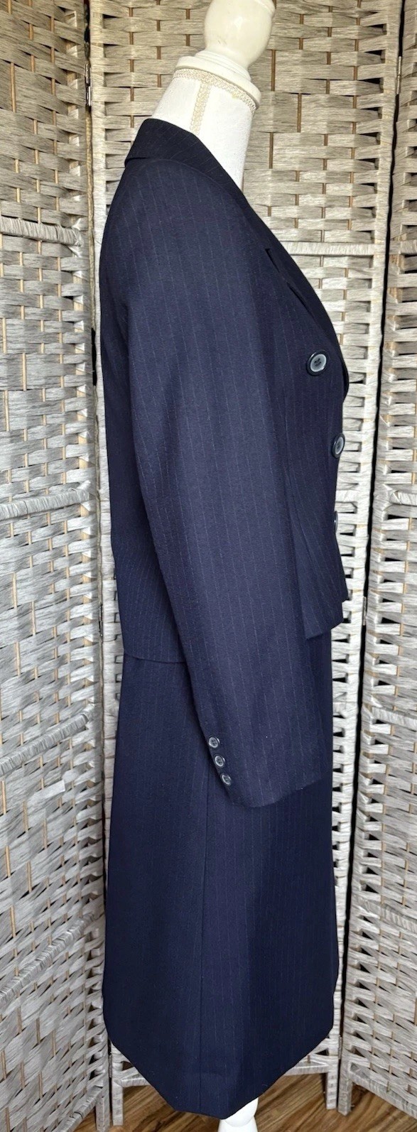 Vintage 1980s Cassidy Navy Pinstripe Mod Secretary Midi Skirt Suit Set Wool SZ 6