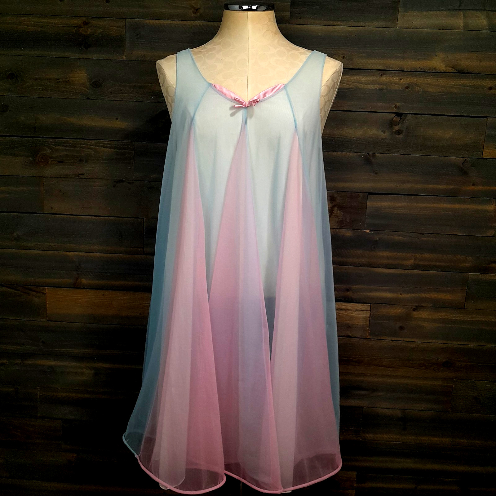 Vanity Fair Nightgown Womens XS Blush Pink & Blue Double Layer Chiffon Vtg 60s