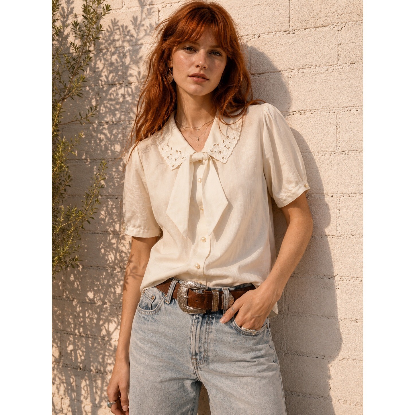 Vintage Rhapsody Cream Rayon Blend Eyelet Lace Tie Neck Blouse Academia Medium