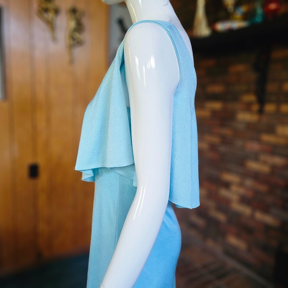 Vtg 70s Disco Cold Shoulder Soul Train Liquid Jersey Maxi Evening Dress Gown S/M
