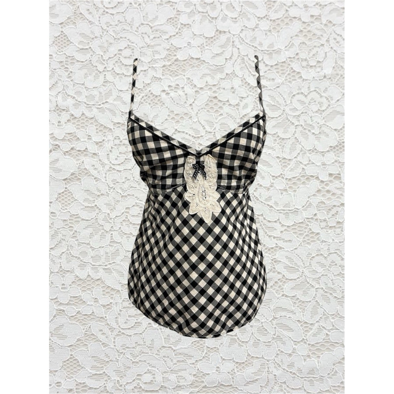 vintage black & white gingham babydoll tank top with lace and bow