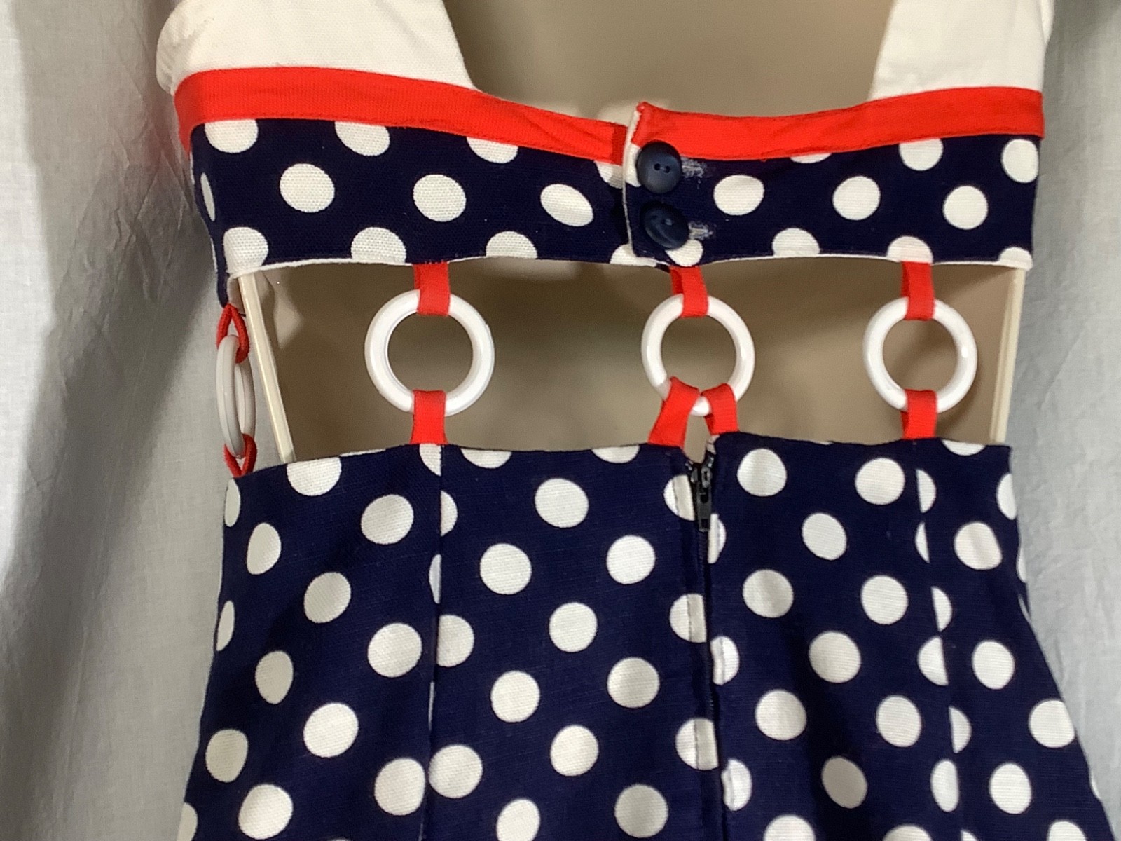 Vintage ring Mini Dress 5 beach party 60s polka dot Midriff red white blue XXS