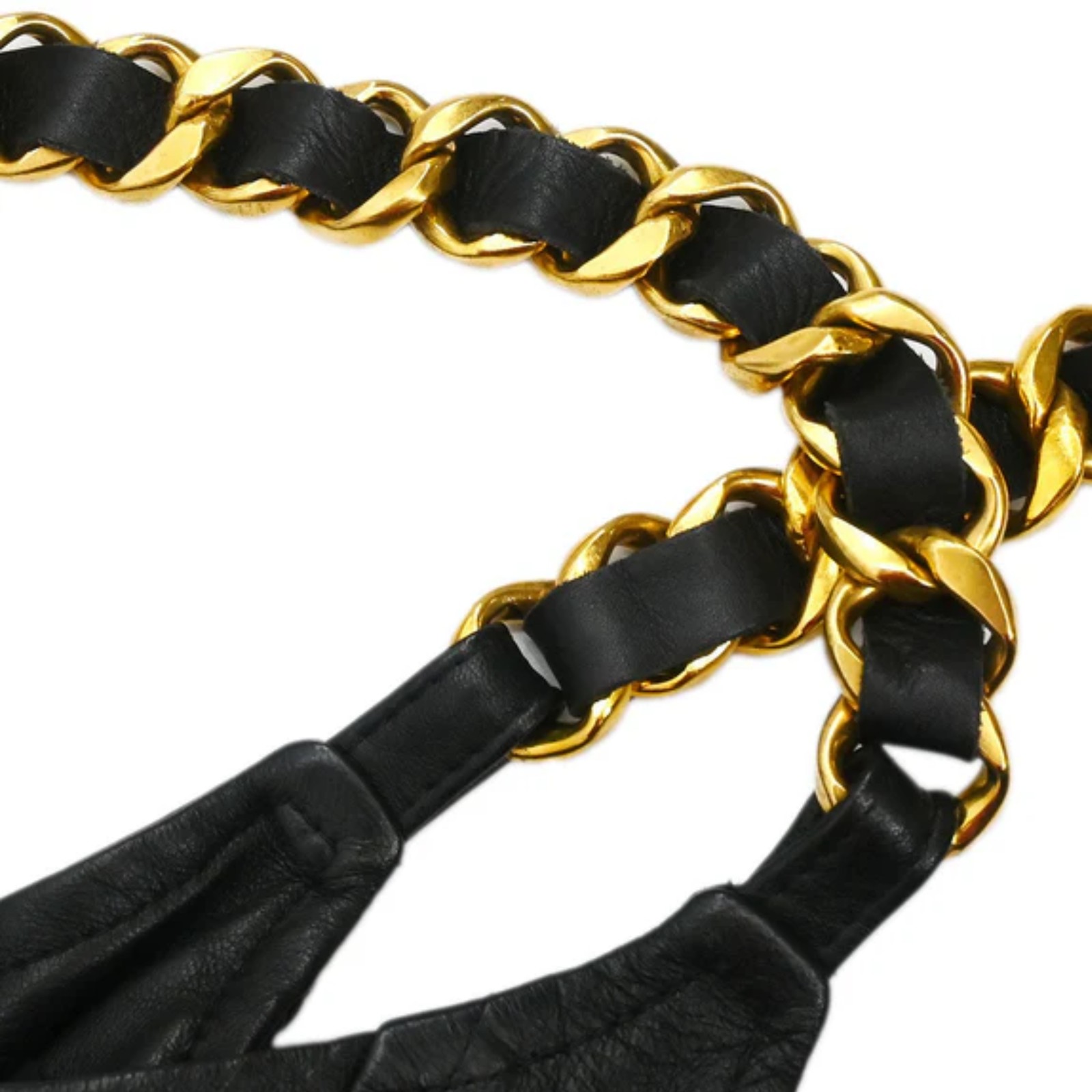 Chanel 1993 Black Gold Fishbone Leather Chain Dress CC Buttons