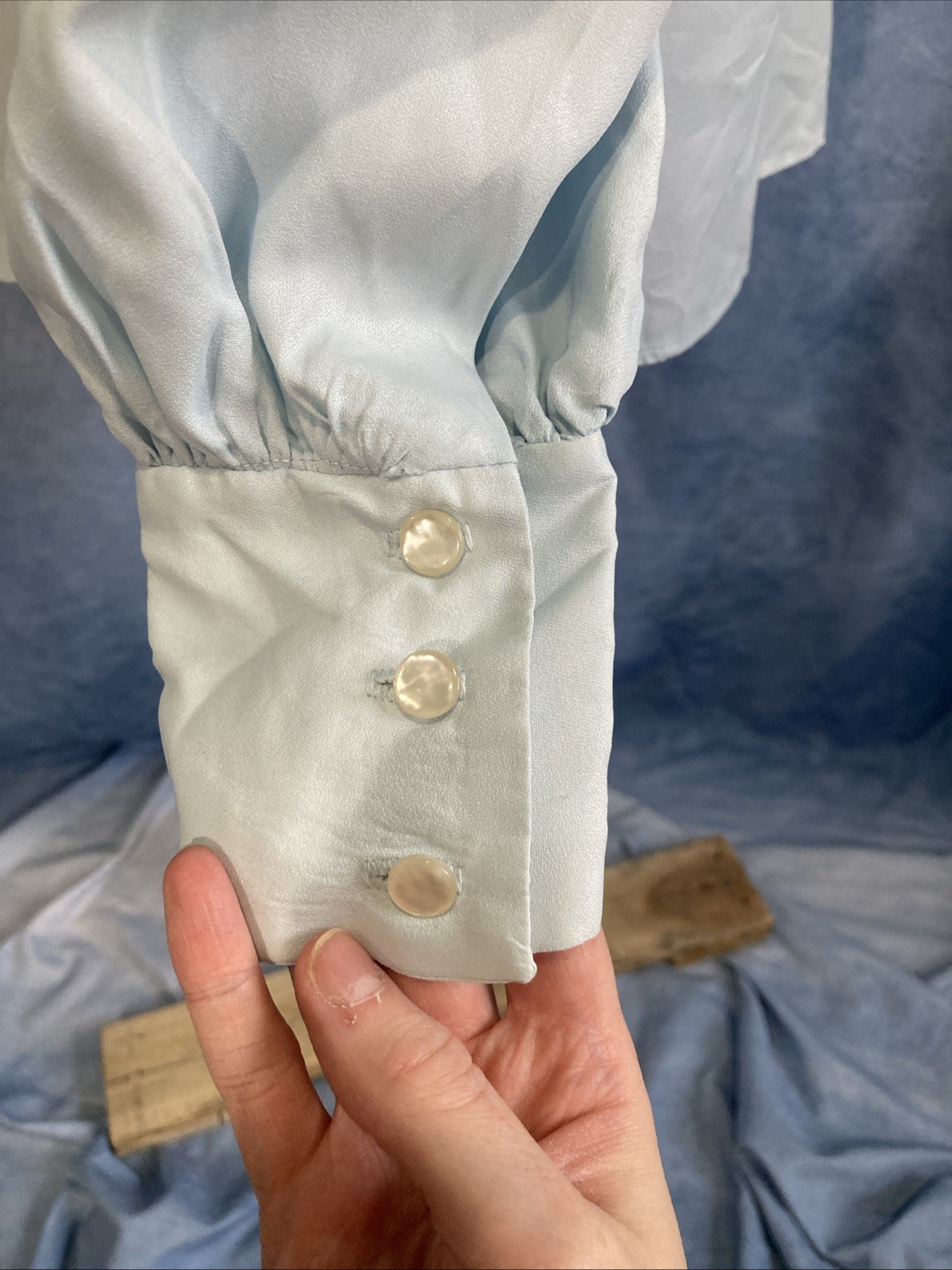 VTG Miss Chris Blue Ruffle Jabot Blouse 70s Secretary Victorian Union Made XS/S