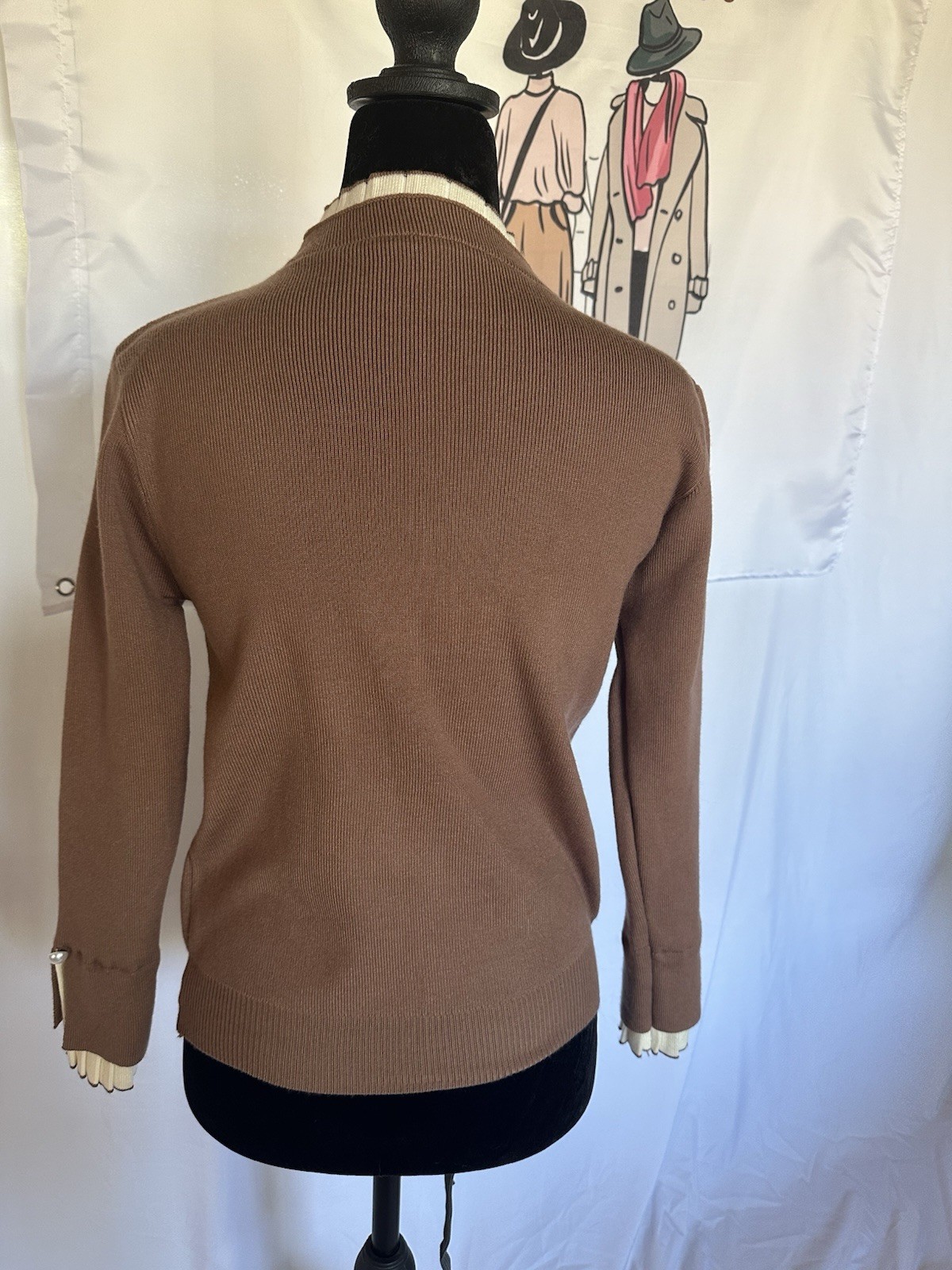 Brown Knit Sweater with Cream Pleated Trim and Pearl Button Detail